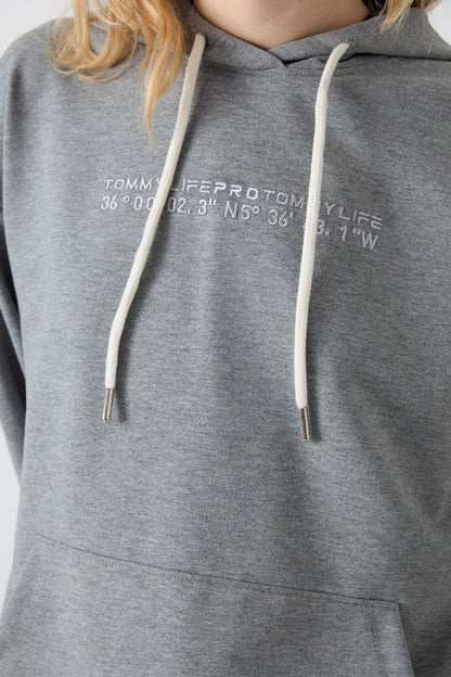 Grey Melange Hooded Kangaroo Pocket Oversize Elastic Cuff Women's Tracksuit Set - 95288