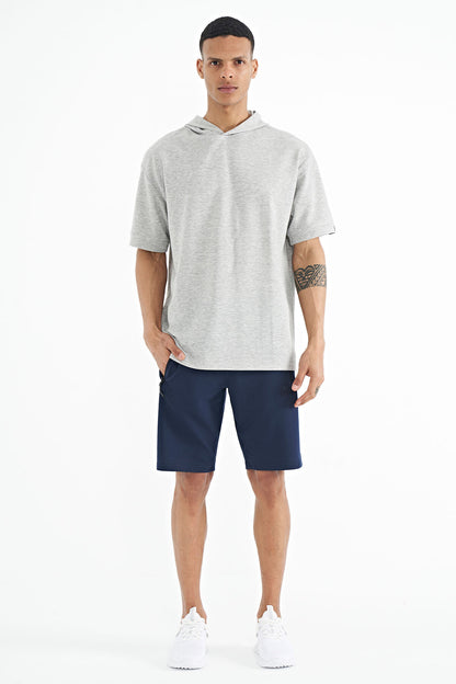 Grey Hooded Sleeve Label Detailed Oversize Men's T-shirt - 88179