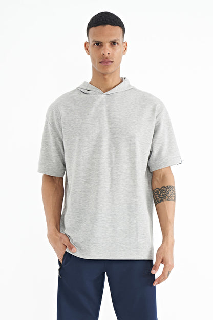 Grey Hooded Sleeve Label Detailed Oversize Men's T-shirt - 88179