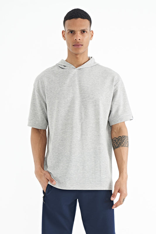 Grey Hooded Sleeve Label Detailed Oversize Men's T-shirt - 88179