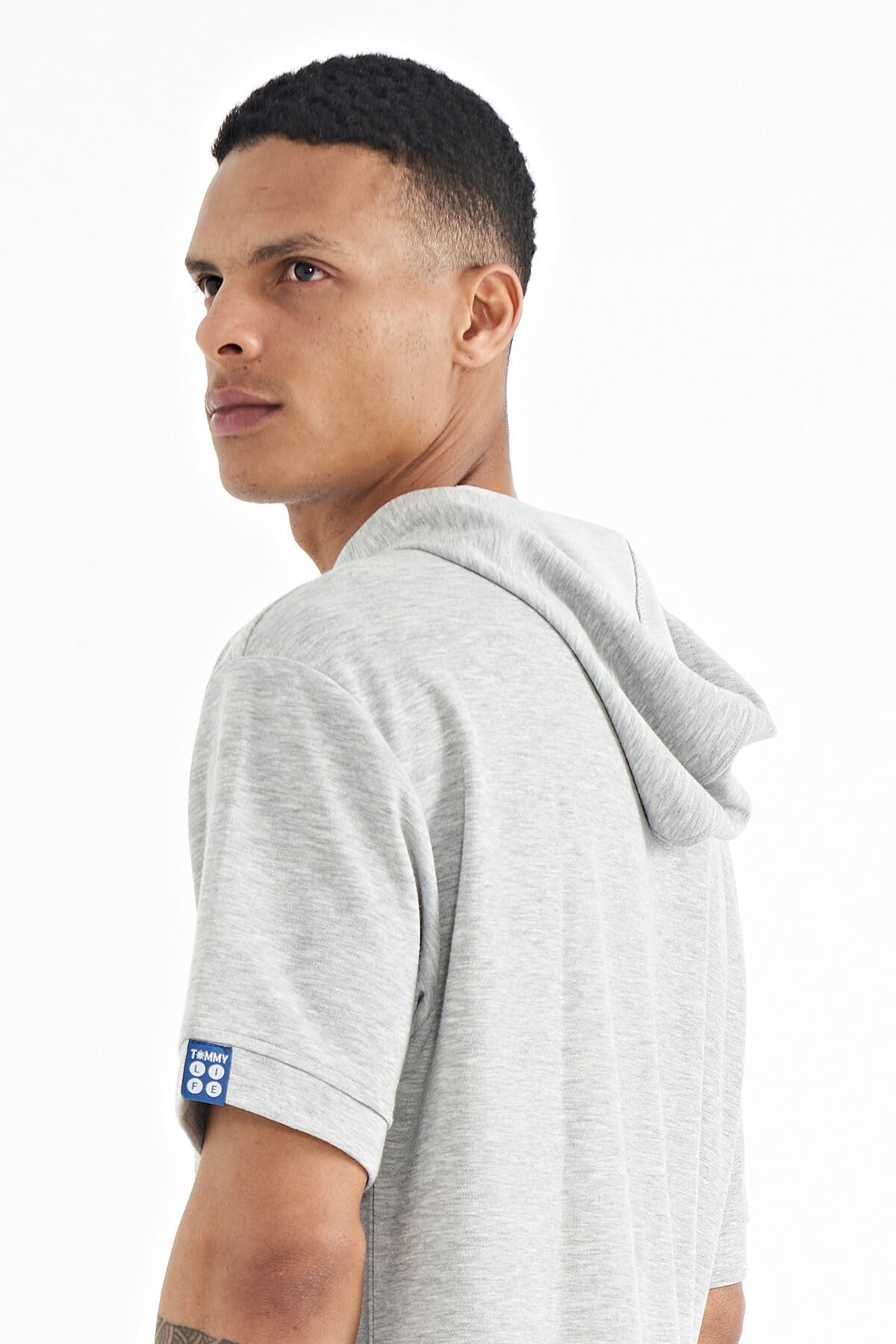Grey Hooded Sleeve Label Detailed Oversize Men's T-shirt - 88179