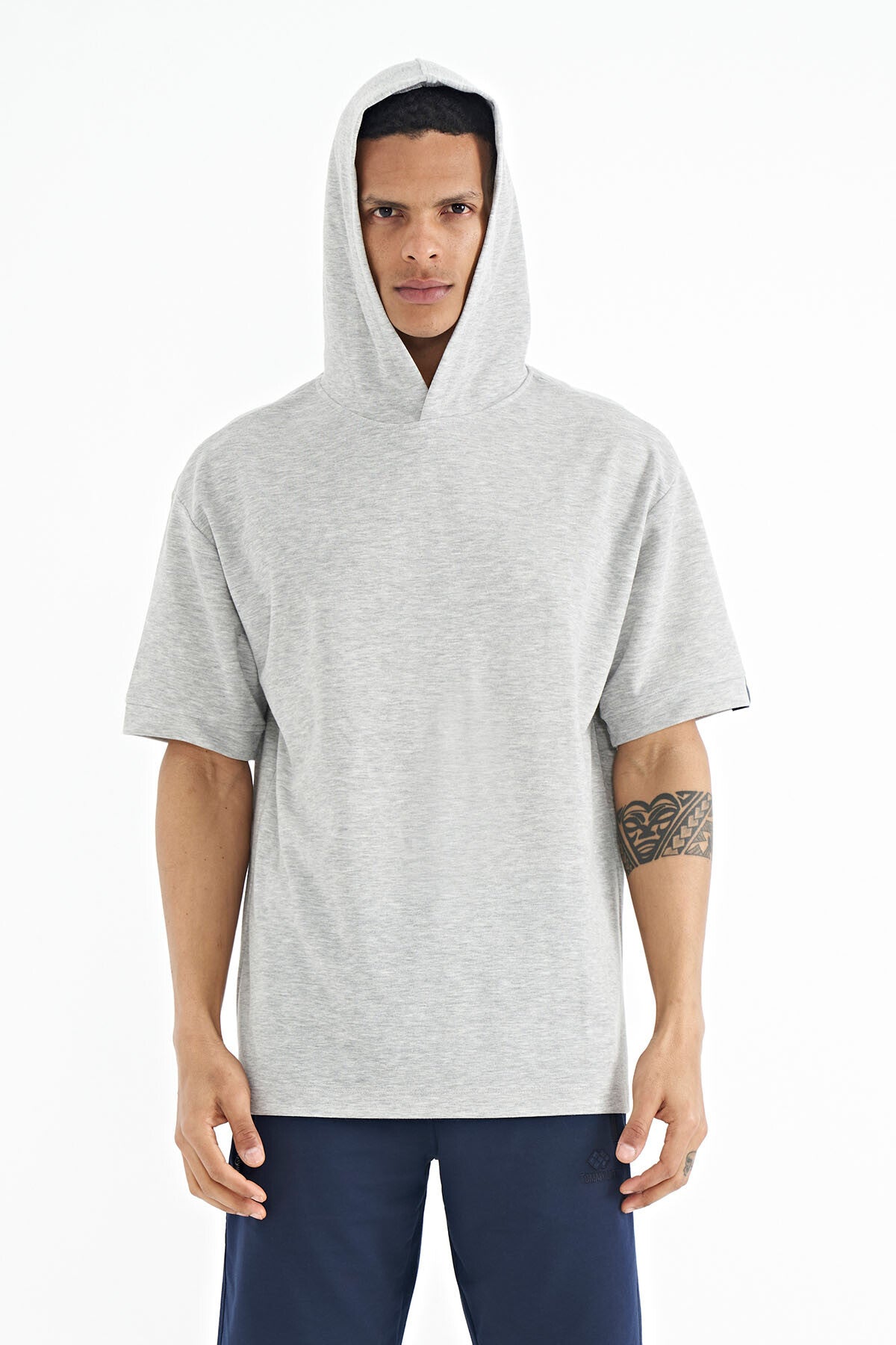 Grey Hooded Sleeve Label Detailed Oversize Men's T-shirt - 88179