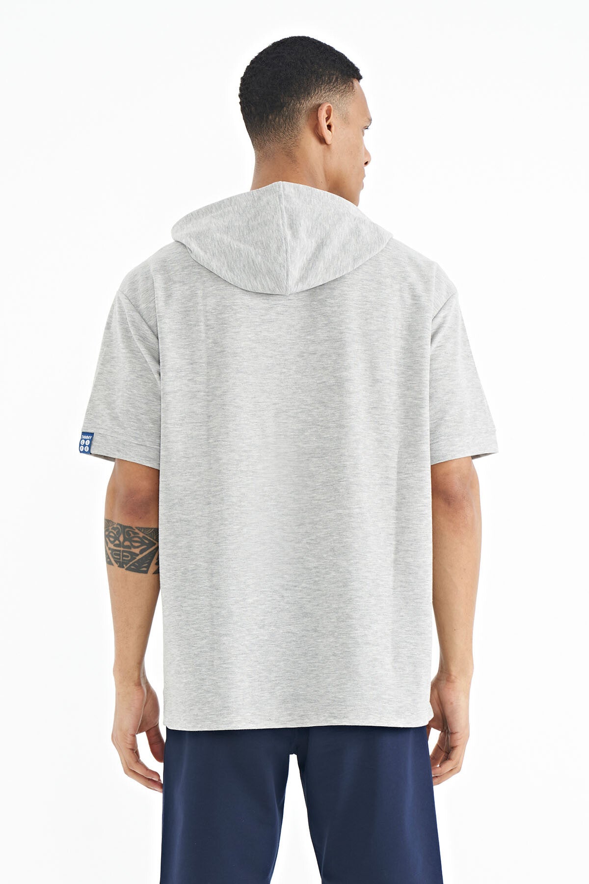 Grey Hooded Sleeve Label Detailed Oversize Men's T-shirt - 88179
