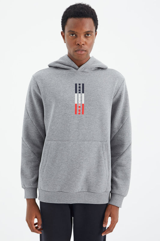 Grey Melange Embroidered Hooded Relax Fit Men's Sweatshirt - 88291