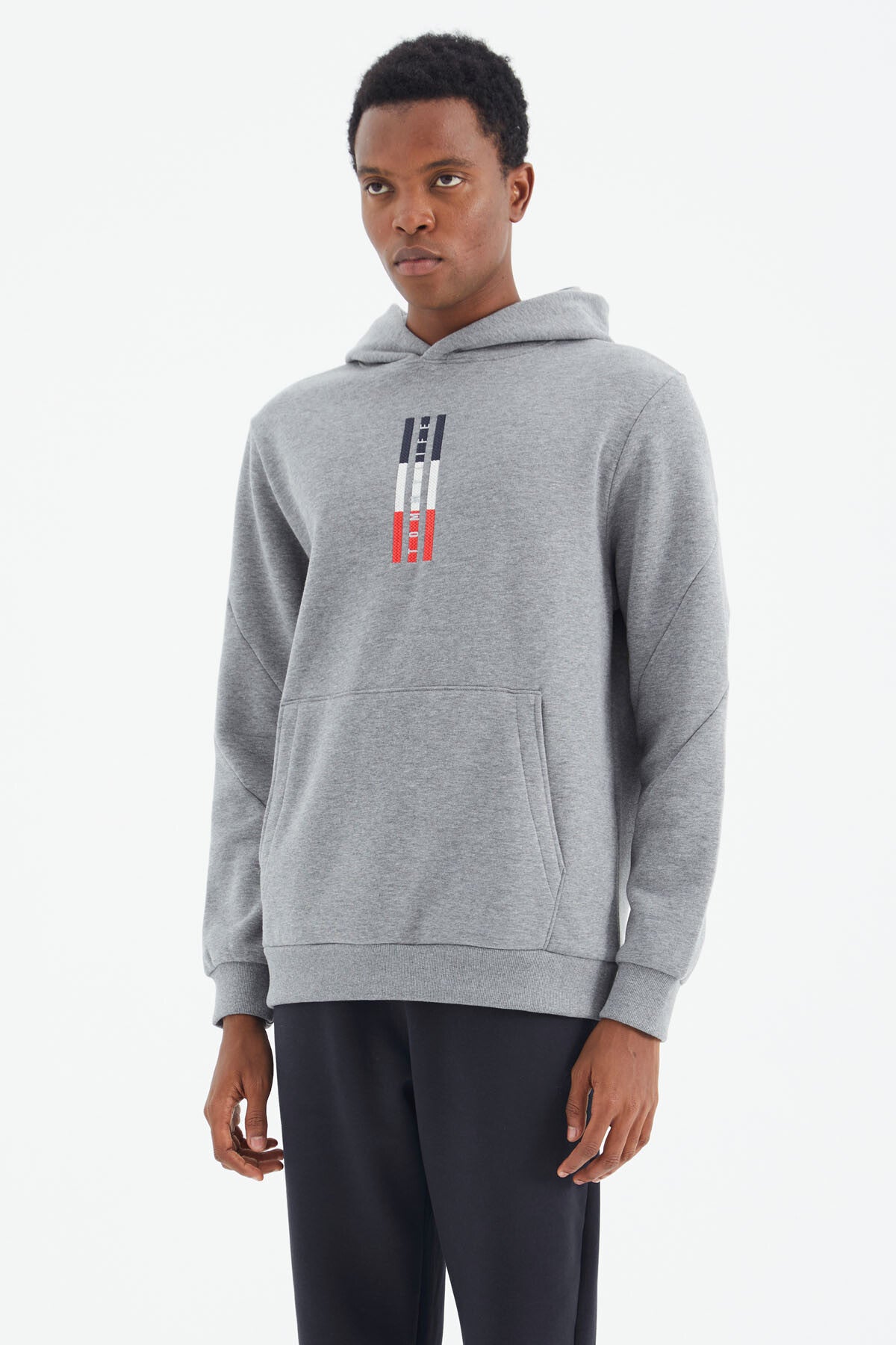 Grey Melange Embroidered Hooded Relax Fit Men's Sweatshirt - 88291