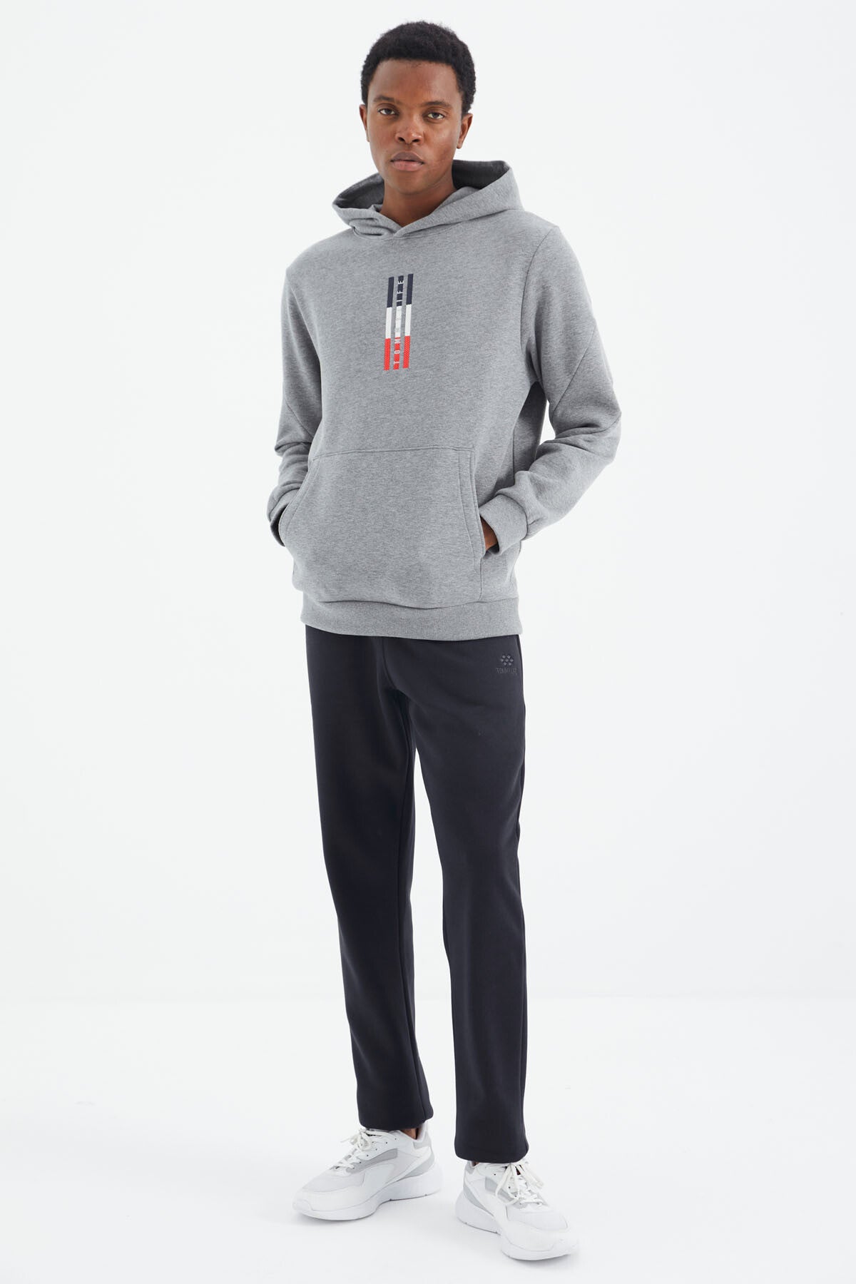 Grey Melange Embroidered Hooded Relax Fit Men's Sweatshirt - 88291