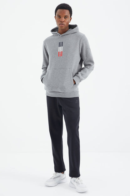 Grey Melange Embroidered Hooded Relax Fit Men's Sweatshirt - 88291