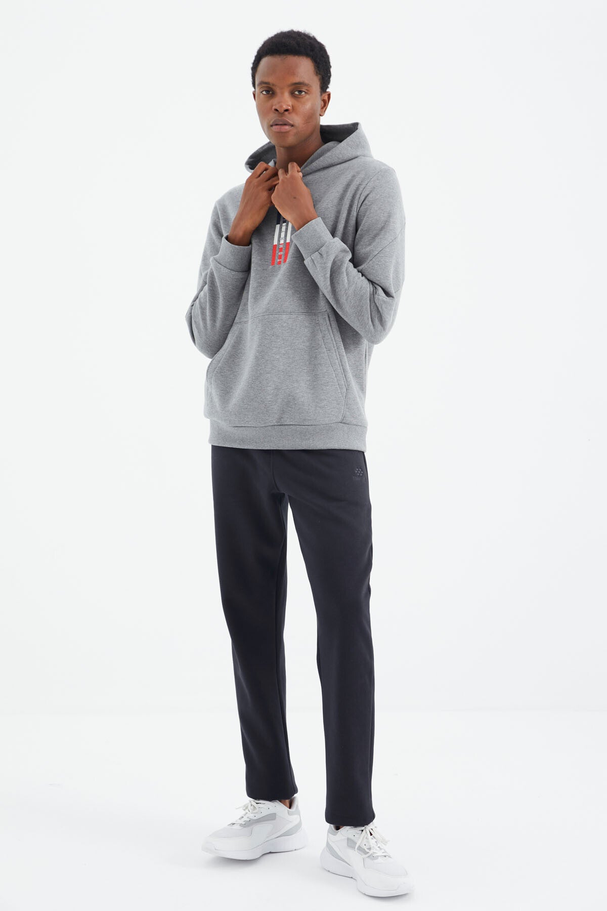 Grey Melange Embroidered Hooded Relax Fit Men's Sweatshirt - 88291