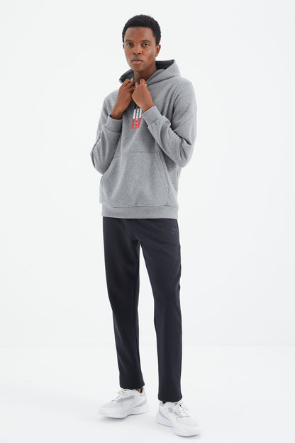 Grey Melange Embroidered Hooded Relax Fit Men's Sweatshirt - 88291