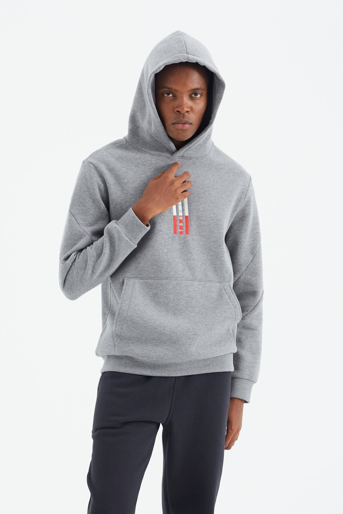 Grey Melange Embroidered Hooded Relax Fit Men's Sweatshirt - 88291