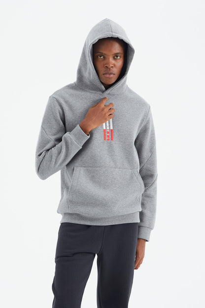 Grey Melange Embroidered Hooded Relax Fit Men's Sweatshirt - 88291