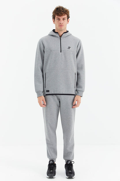Grey Melange Hooded Half Zip Pocket Detailed Men's Tracksuit Set - 85222