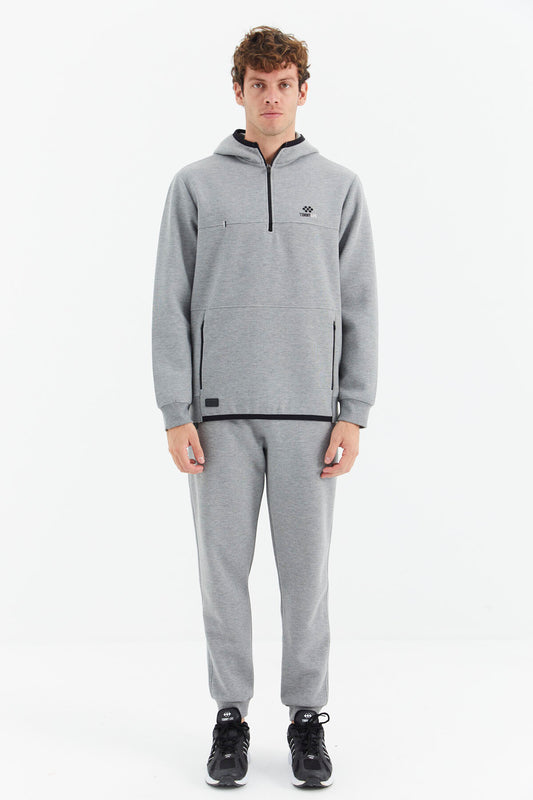 Grey Melange Hooded Half Zip Pocket Detailed Men's Tracksuit Set - 85222
