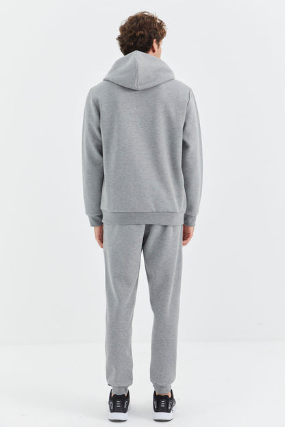 Grey Melange Hooded Half Zip Pocket Detailed Men's Tracksuit Set - 85222