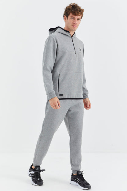 Grey Melange Hooded Half Zip Pocket Detailed Men's Tracksuit Set - 85222