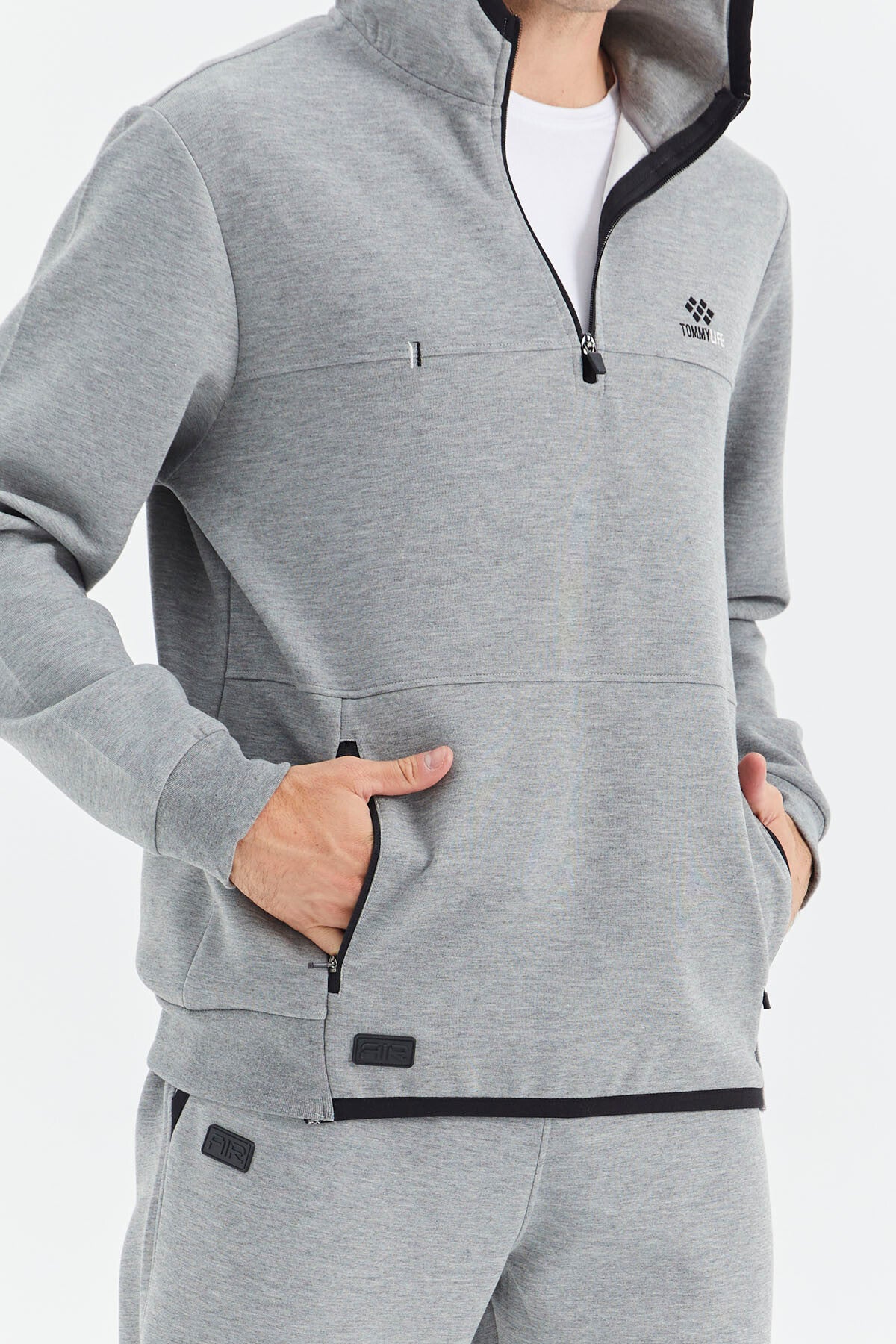 Grey Melange Hooded Half Zip Pocket Detailed Men's Tracksuit Set - 85222