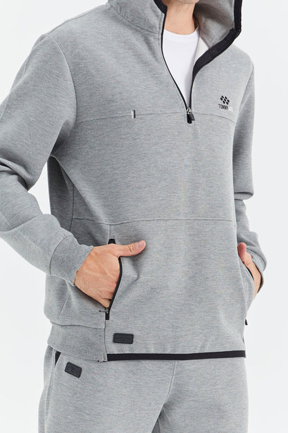 Grey Melange Hooded Half Zip Pocket Detailed Men's Tracksuit Set - 85222