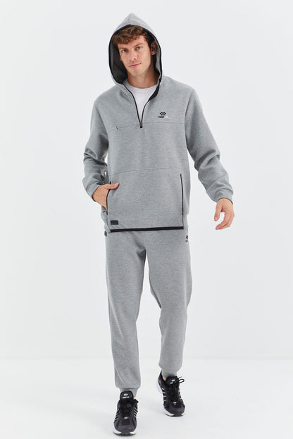 Grey Melange Hooded Half Zip Pocket Detailed Men's Tracksuit Set - 85222