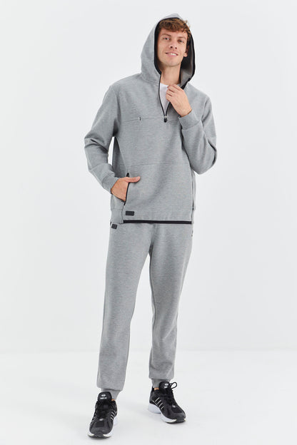 Grey Melange Hooded Half Zip Pocket Detailed Men's Tracksuit Set - 85222
