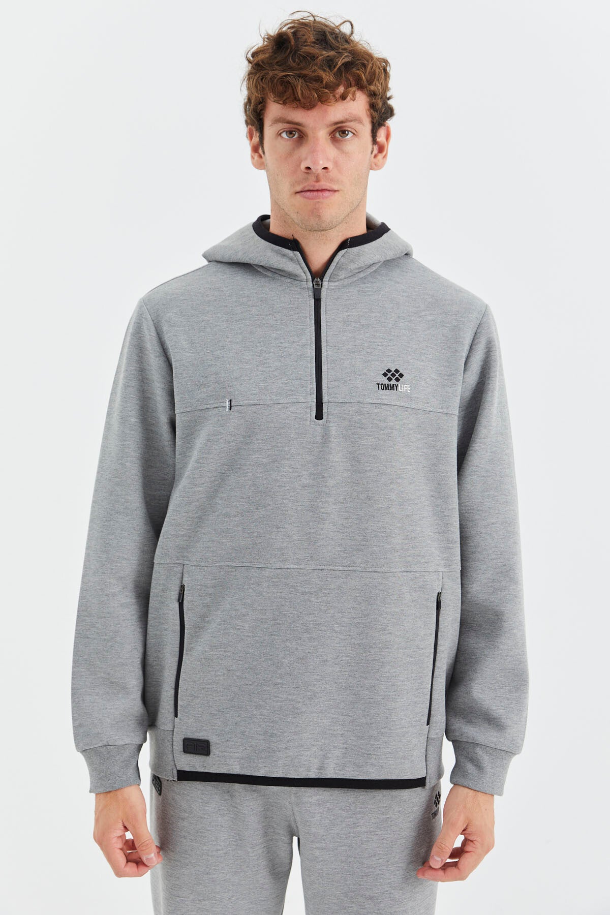 Grey Melange Hooded Half Zip Pocket Detailed Men's Tracksuit Set - 85222