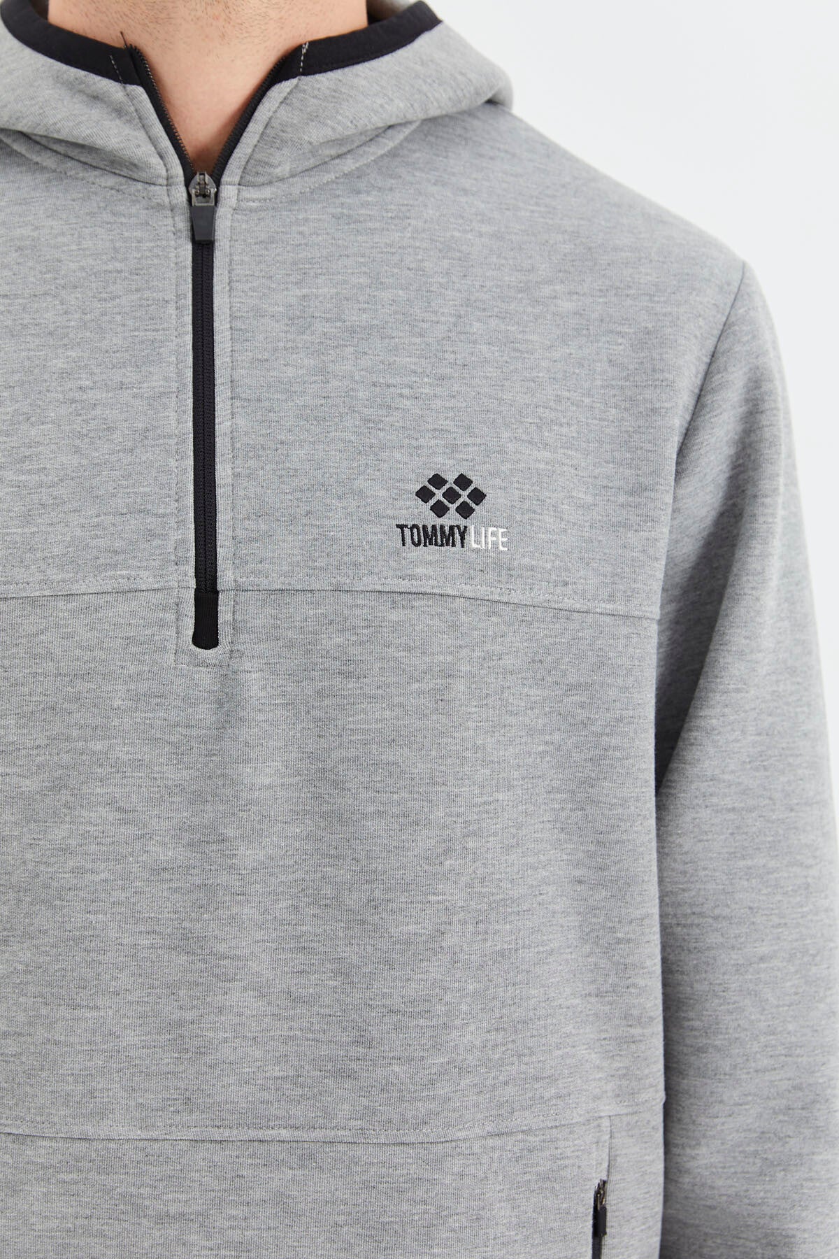 Grey Melange Hooded Half Zip Pocket Detailed Men's Tracksuit Set - 85222