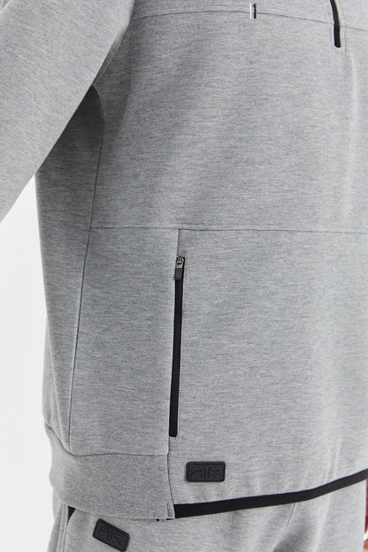 Grey Melange Hooded Half Zip Pocket Detailed Men's Tracksuit Set - 85222