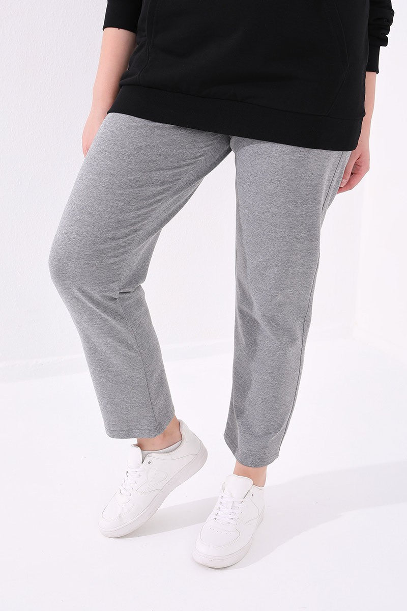 Classic Gray Melange Stone Wash Detailed Women's Plus Size Tracksuit Bottom - 94040