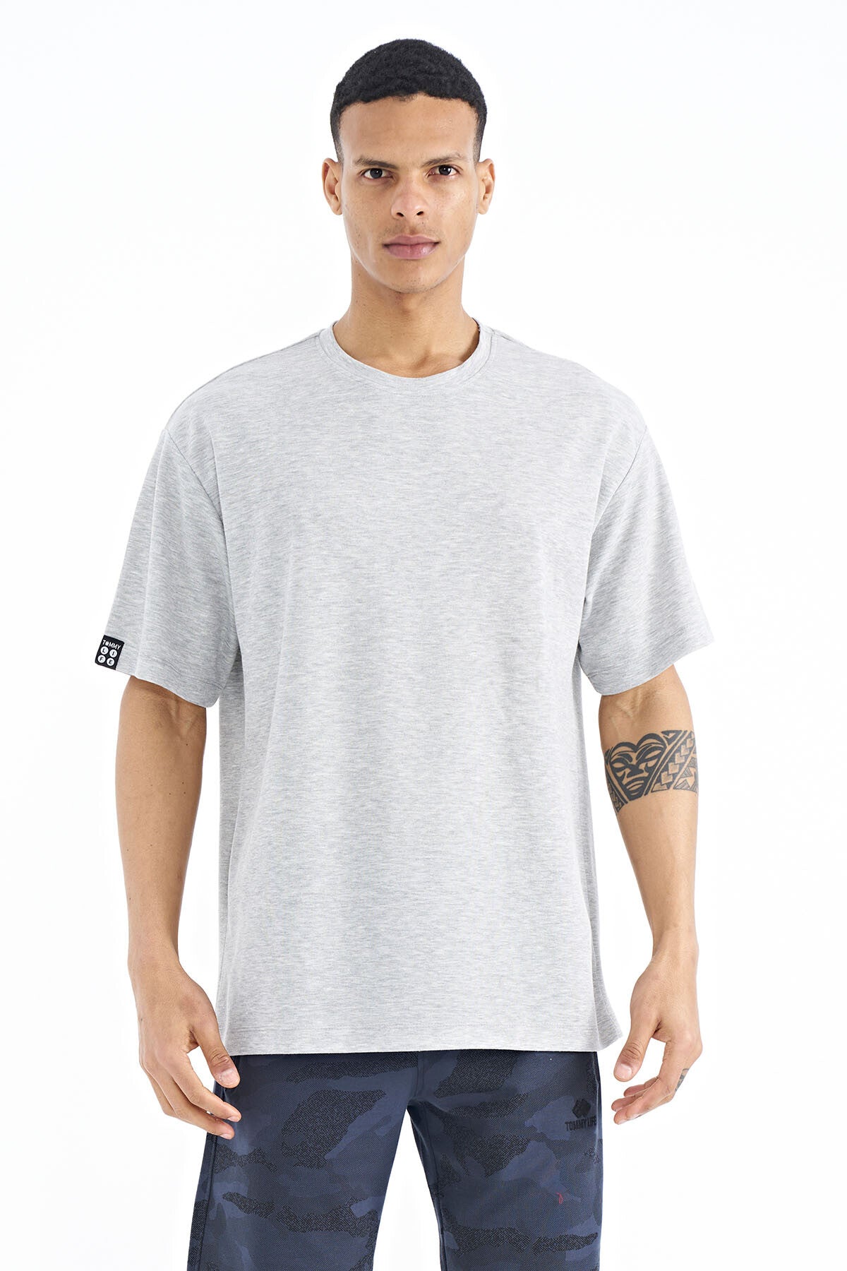 Grey Melange Long Sleeve Detailed Basic Oversize Men's T-Shirt - 88193