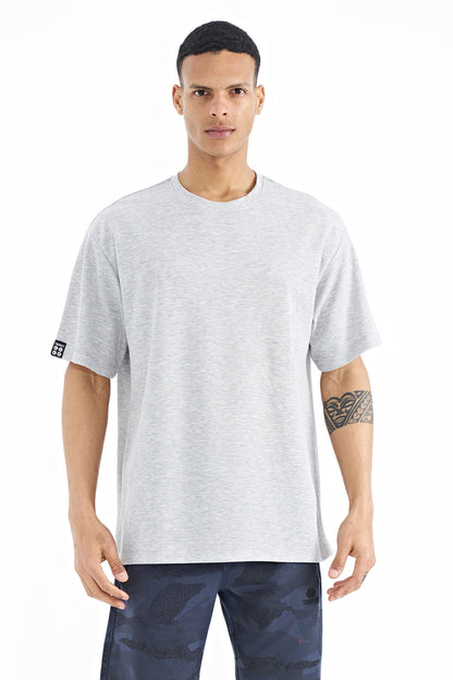 Grey Melange Long Sleeve Detailed Basic Oversize Men's T-Shirt - 88193