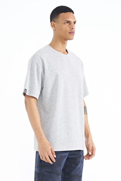 Grey Melange Long Sleeve Detailed Basic Oversize Men's T-Shirt - 88193