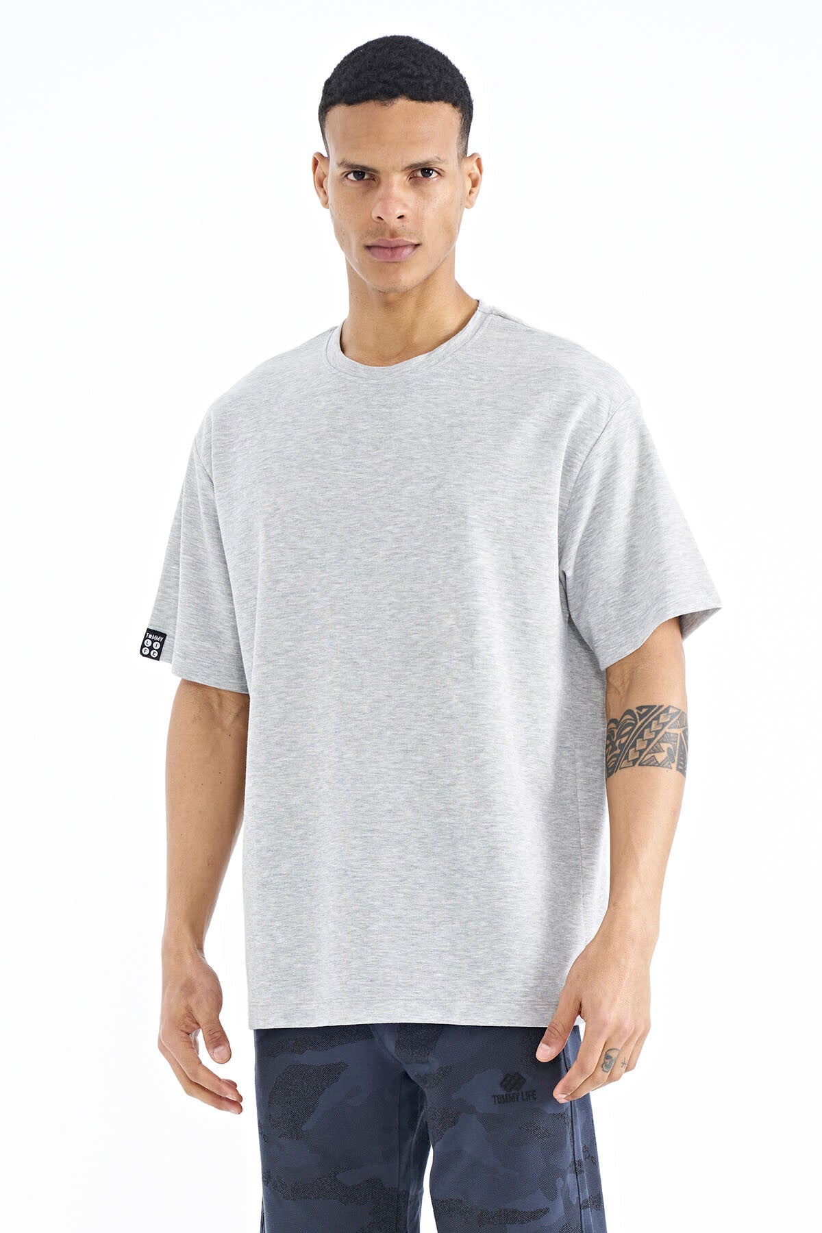 Grey Melange Long Sleeve Detailed Basic Oversize Men's T-Shirt - 88193