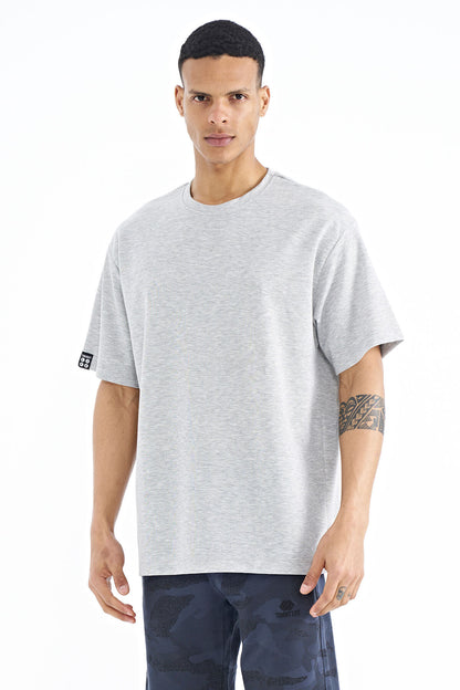 Grey Melange Long Sleeve Detailed Basic Oversize Men's T-Shirt - 88193