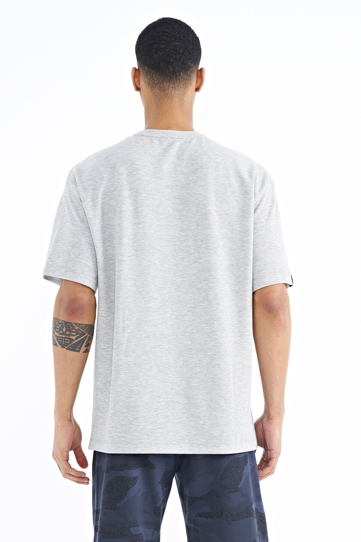 Grey Melange Long Sleeve Detailed Basic Oversize Men's T-Shirt - 88193