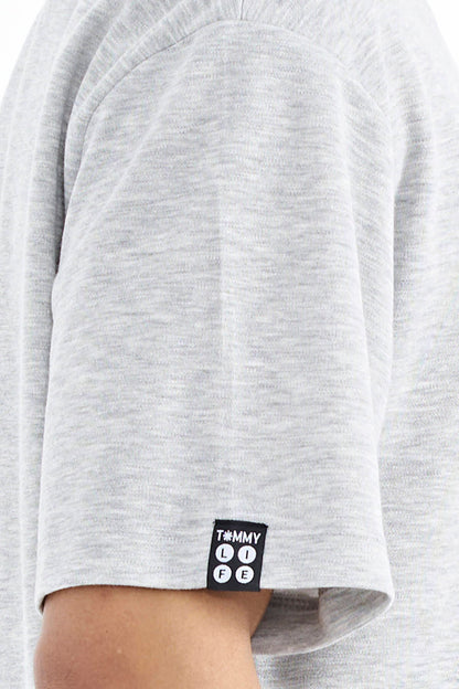 Grey Melange Long Sleeve Detailed Basic Oversize Men's T-Shirt - 88193