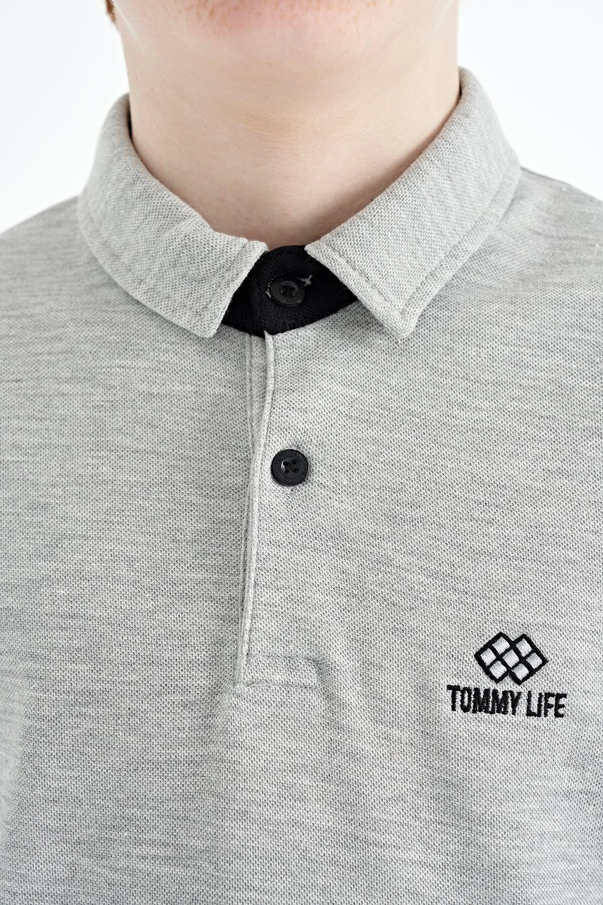 Grey Melange Collar Printed Detailed Standard Mold Polo Collar Boys T-Shirt - 11093