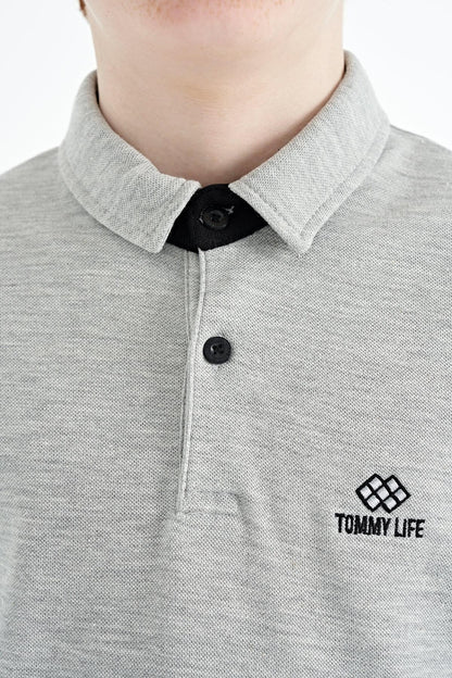 Grey Melange Collar Printed Detailed Standard Mold Polo Collar Boys T-Shirt - 11093