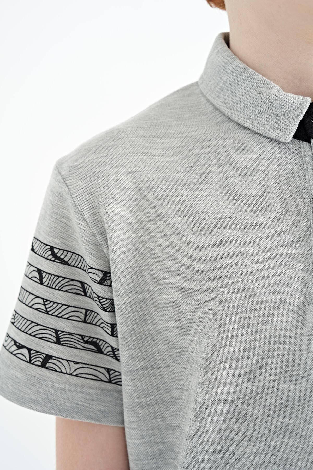 Grey Melange Collar Printed Detailed Standard Mold Polo Collar Boys T-Shirt - 11093