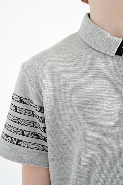 Grey Melange Collar Printed Detailed Standard Mold Polo Collar Boys T-Shirt - 11093