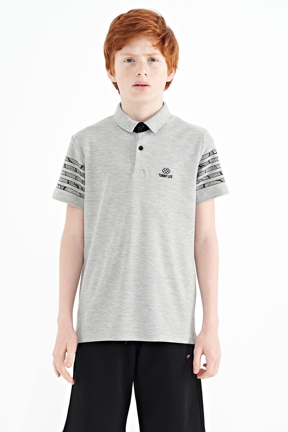 Grey Melange Collar Printed Detailed Standard Mold Polo Collar Boys T-Shirt - 11093