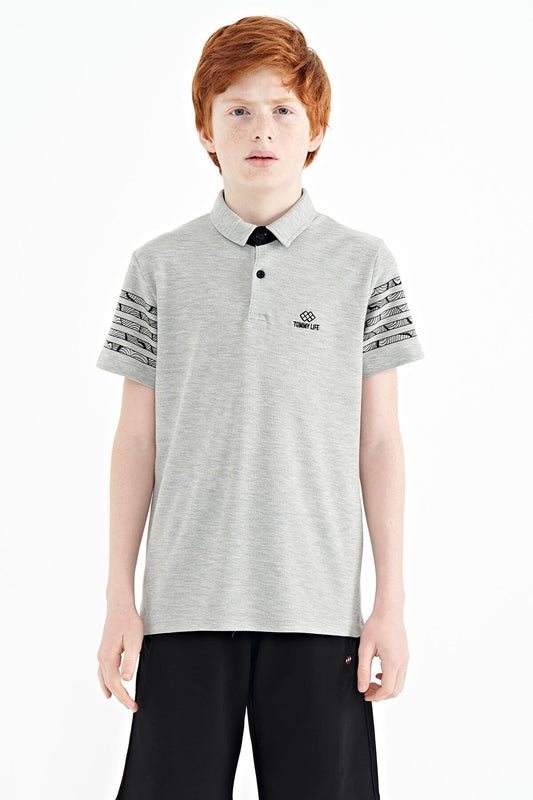 Grey Melange Collar Printed Detailed Standard Mold Polo Collar Boys T-Shirt - 11093