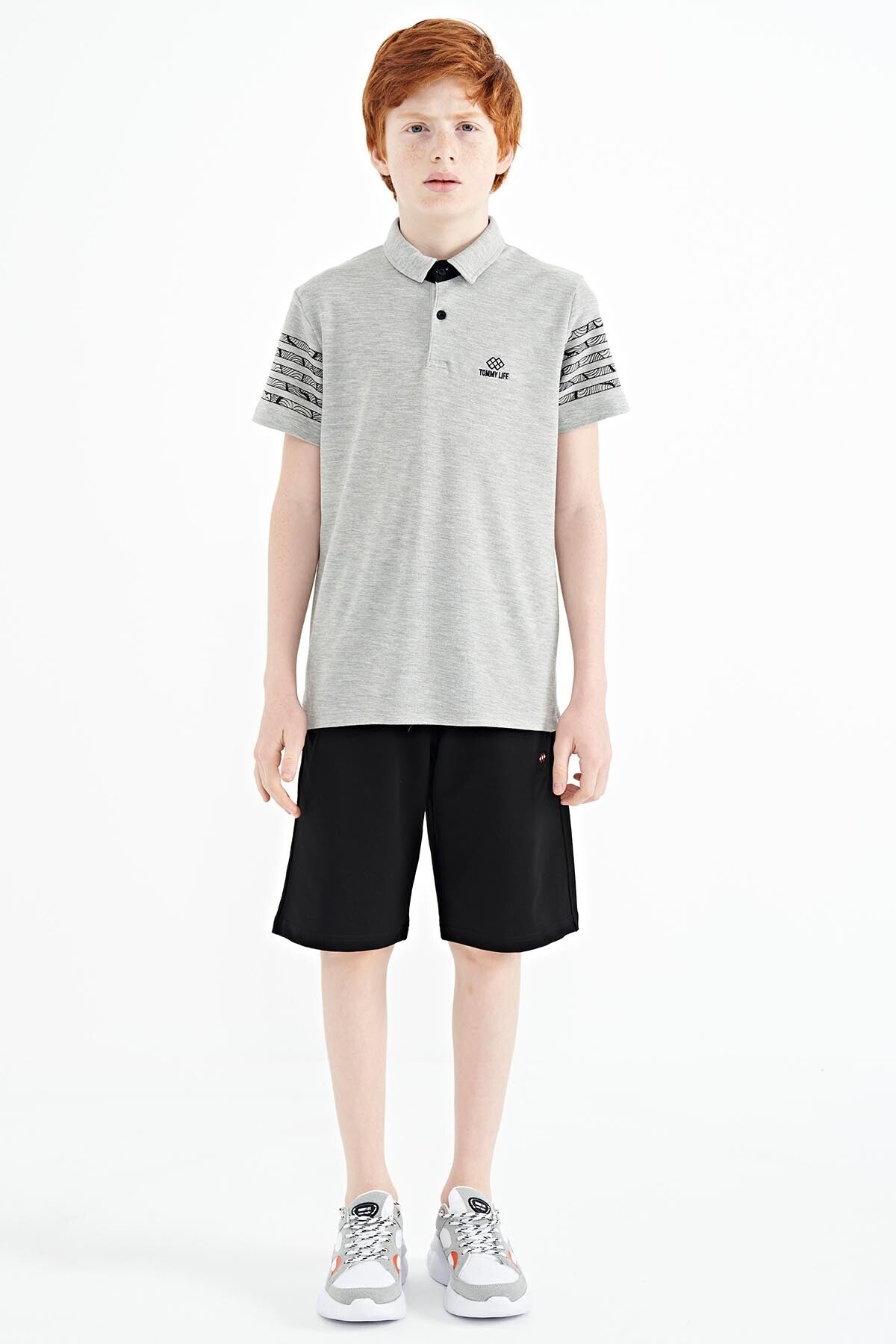 Grey Melange Collar Printed Detailed Standard Mold Polo Collar Boys T-Shirt - 11093