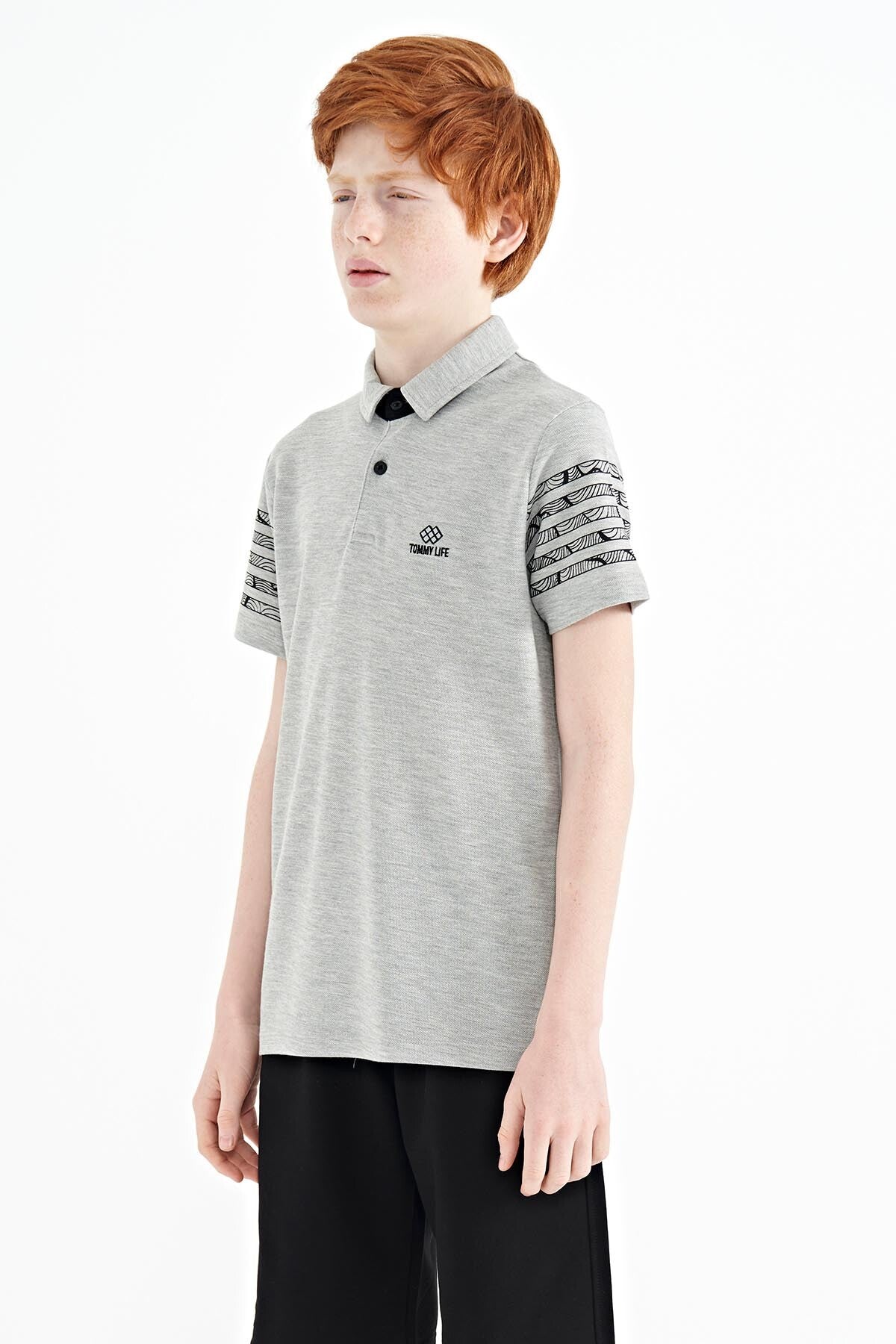 Grey Melange Collar Printed Detailed Standard Mold Polo Collar Boys T-Shirt - 11093
