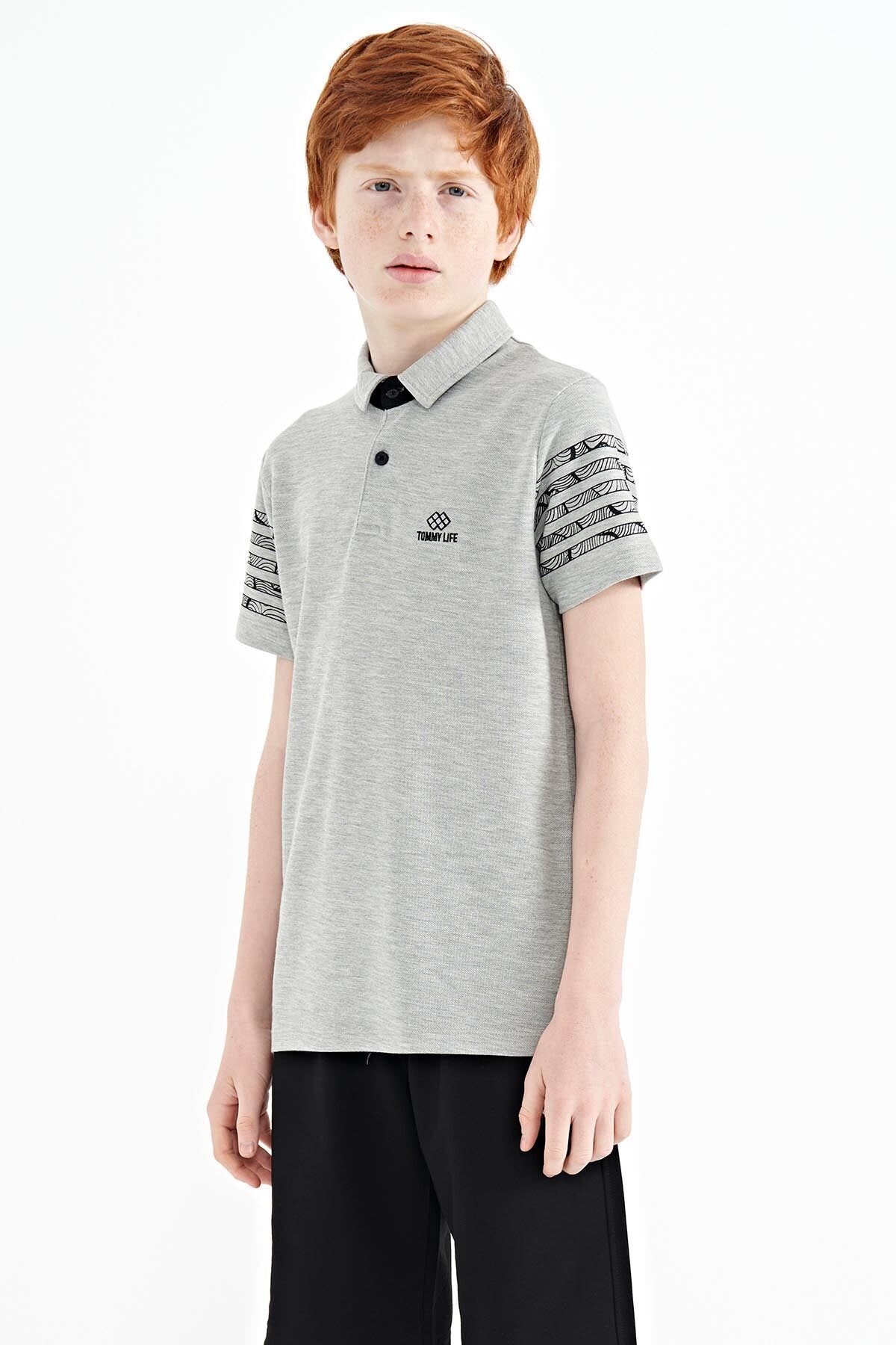 Grey Melange Collar Printed Detailed Standard Mold Polo Collar Boys T-Shirt - 11093