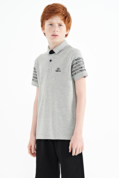 Grey Melange Collar Printed Detailed Standard Mold Polo Collar Boys T-Shirt - 11093
