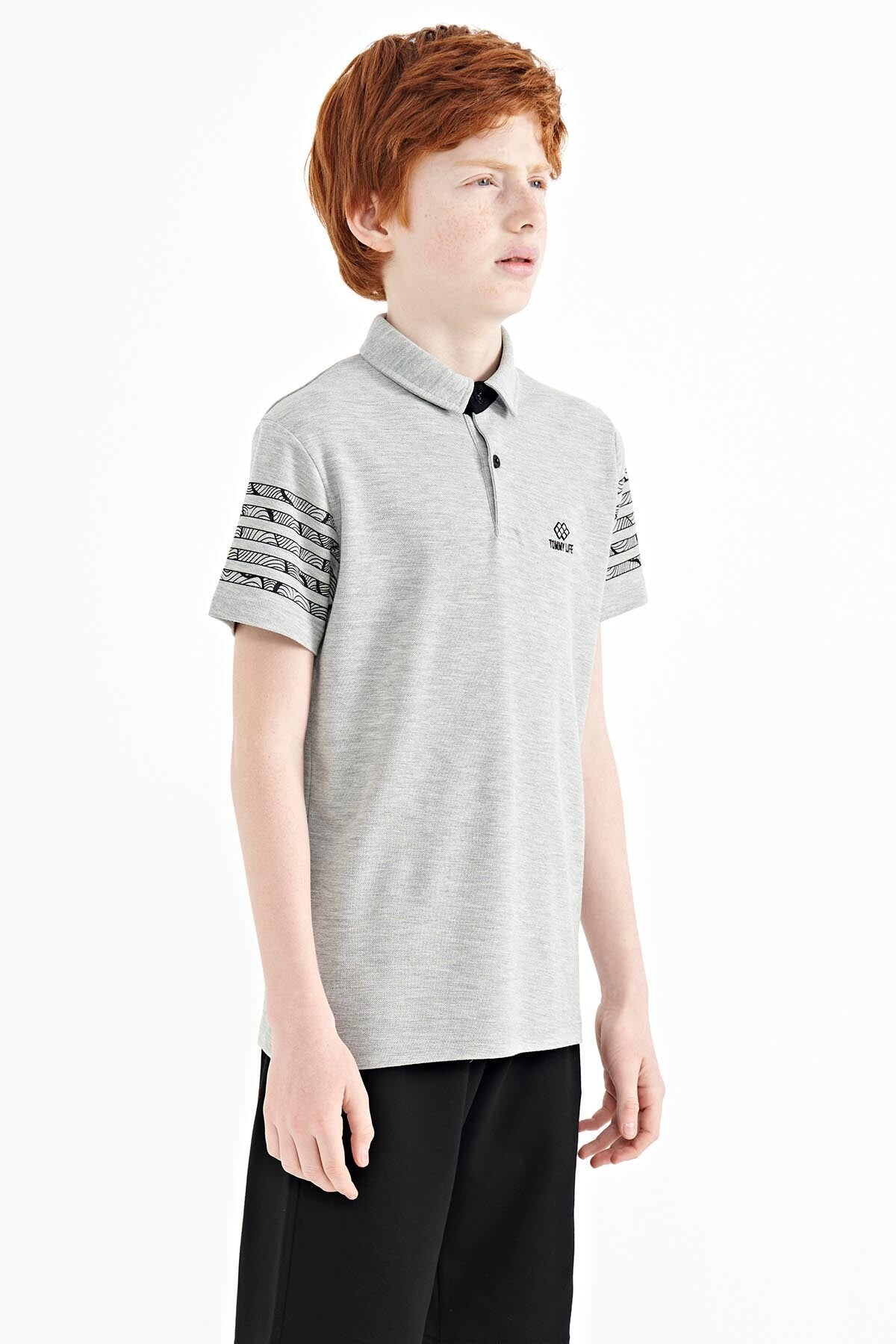 Grey Melange Collar Printed Detailed Standard Mold Polo Collar Boys T-Shirt - 11093