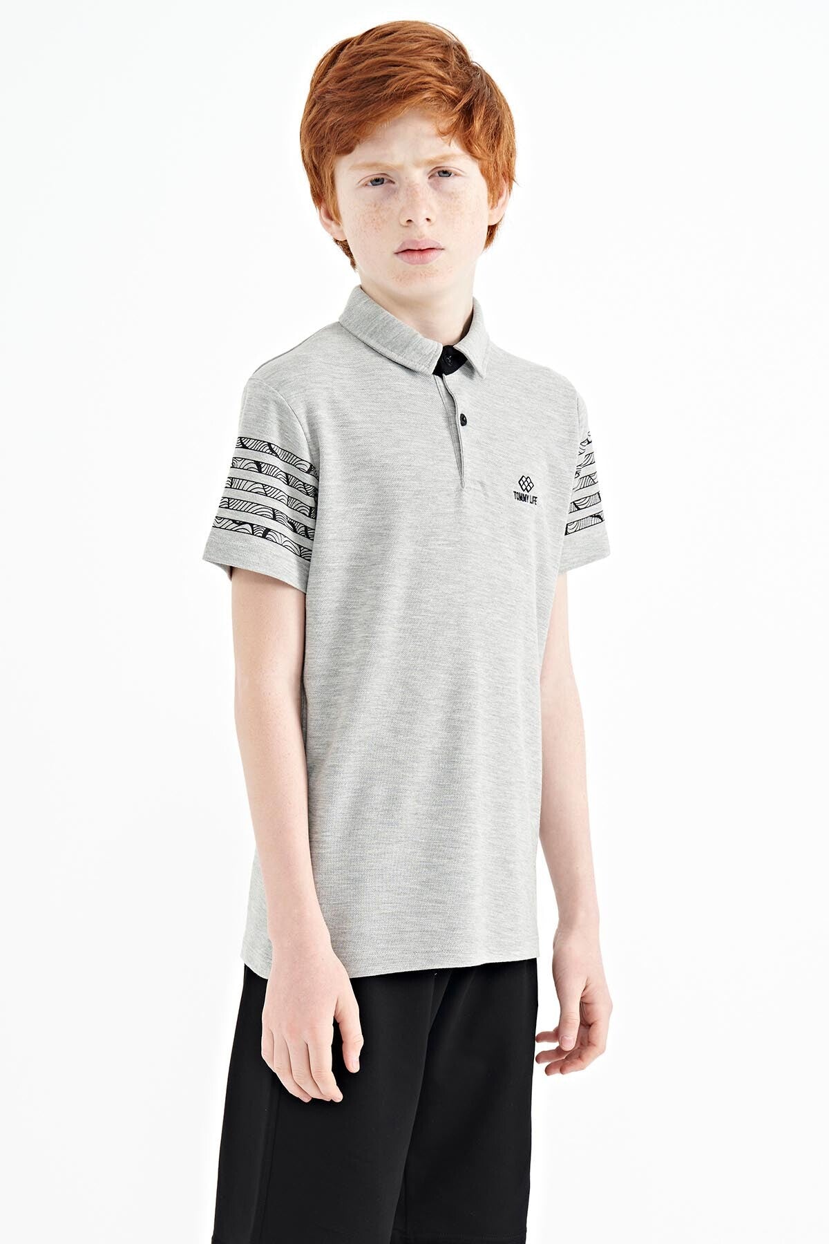 Grey Melange Collar Printed Detailed Standard Mold Polo Collar Boys T-Shirt - 11093
