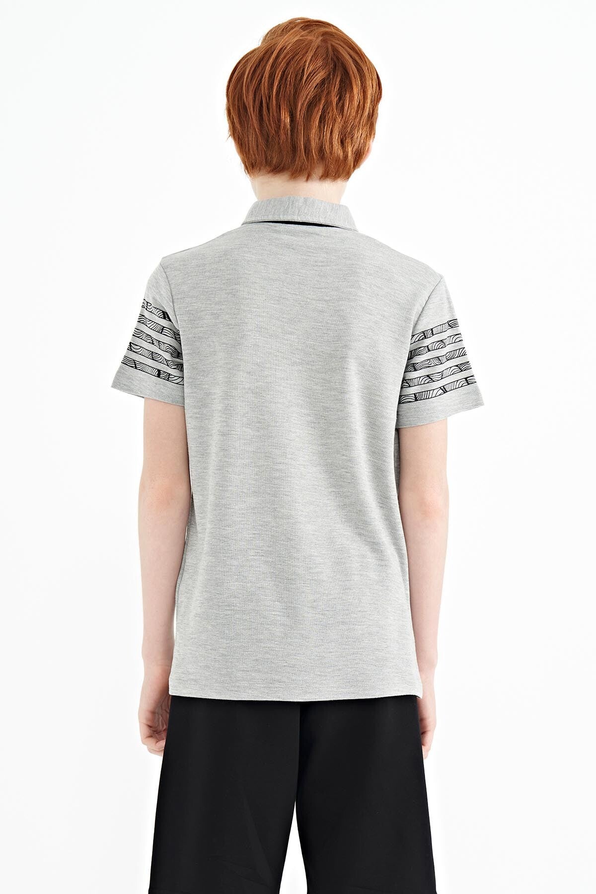 Grey Melange Collar Printed Detailed Standard Mold Polo Collar Boys T-Shirt - 11093