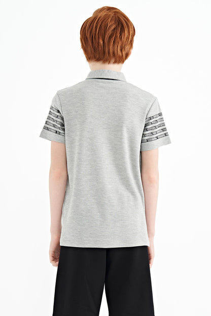Grey Melange Collar Printed Detailed Standard Mold Polo Collar Boys T-Shirt - 11093