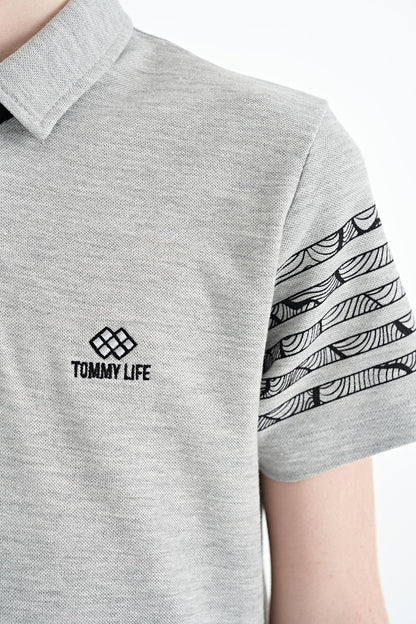 Grey Melange Collar Printed Detailed Standard Mold Polo Collar Boys T-Shirt - 11093