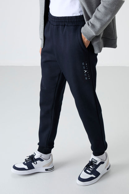Grey Melange - Navy Blue High Collar Color Gradient Fleece Lined Men's Tracksuit Set - 85186